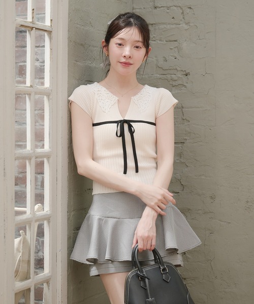 ニット セーター lace collar knit tops / レース襟ニットトップス レディースの画像