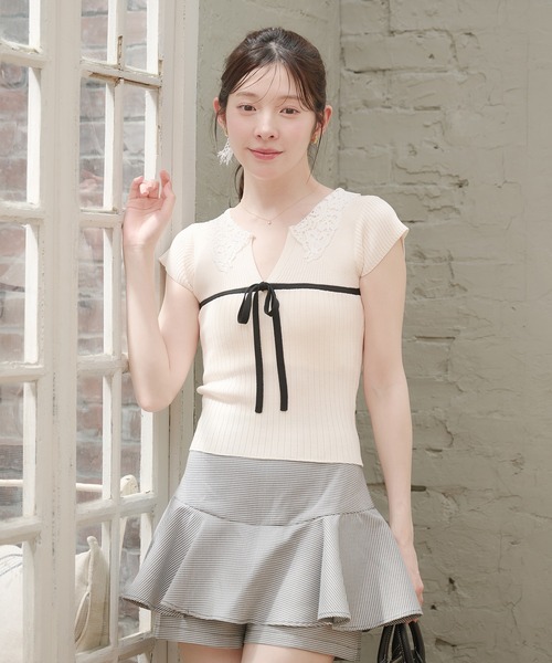 ニット セーター lace collar knit tops / レース襟ニットトップス レディースの画像
