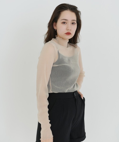 トップス Tina:Jojun TINA：JOJUN tシャツ Tシャツ ハイネック シアーラメトップス