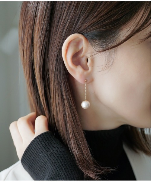 ピアス 「Meach.」14kgfコットンパールショートチェーンピアス 
