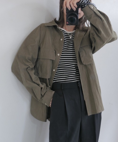 シャツ ブラウス レディース ワッシャーミリタリーシャツ／washer military shirt 長袖 襟付き しわ加工 エンボス プリーツ カジ｜zozo