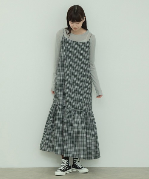 holiday チェック柄キャミワンピース ロング丈 キャミワンピース ロング丈 チェック柄 バックリボン 2025春夏