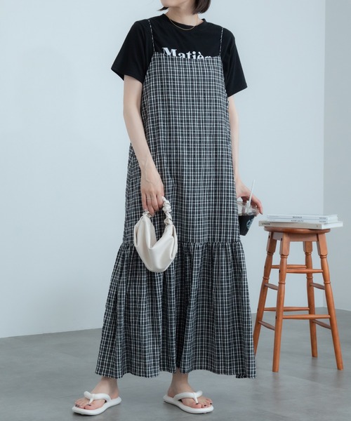 HEILIS ワンピース チェック柄ティアードキャミソールワンピース