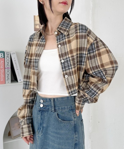 ブラウス シャツ 「cloche」ショートチェックBL レディース CLEA ブラウス シャツ ショート丈チェックシャツ レディース