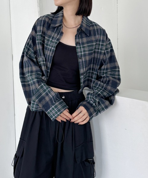 ブラウス シャツ シアーチェック短丈フードブラウス レディース CLEA ブラウス シャツ ショート丈チェックシャツ レディース