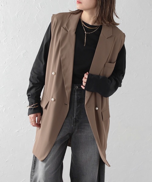 ベスト ジレ エステルスムースパールボタンベスト レディース