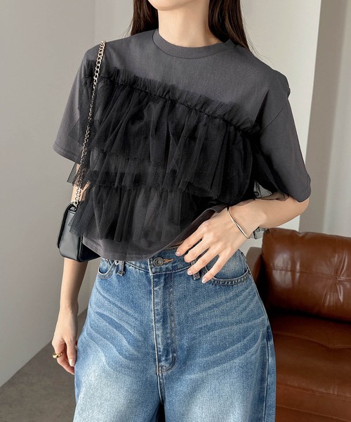 andme tシャツ フリルチュールドッキングビスチェ風トップス