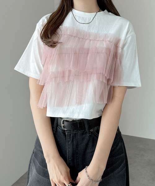 andme tシャツ フリルチュールドッキングビスチェ風トップス