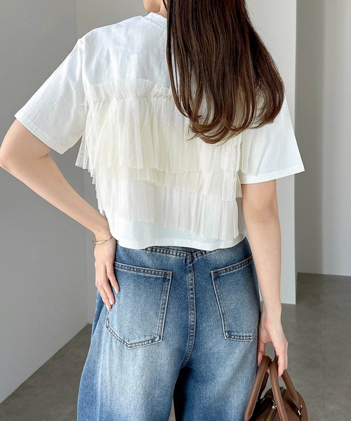 001【新品タッグ付き】 メゾンドドルチェ フィオーレトップス 半袖 フリル袖 andme（アンドミー） tシャツ 半袖 フリルチュールドッキングビスチェ