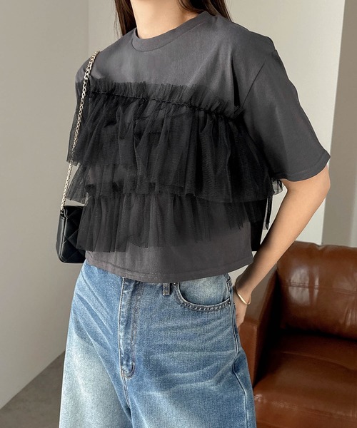001【新品タッグ付き】 メゾンドドルチェ フィオーレトップス 半袖 フリル袖 andme（アンドミー） tシャツ 半袖 フリルチュールドッキングビスチェ