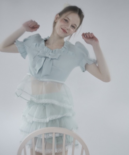 lilLilly tシャツ ワッフルリボンオーガンジーフリルトップス