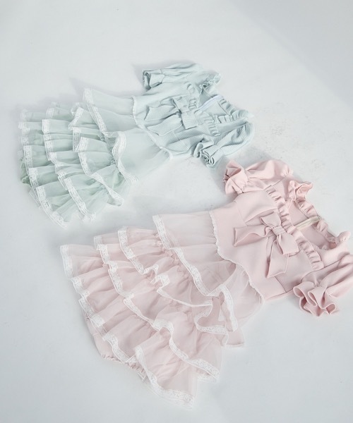 lilLilly tシャツ ワッフルリボンオーガンジーフリルトップス