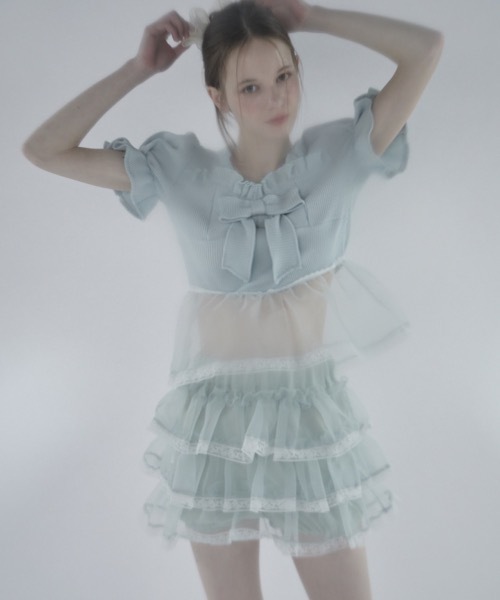 lilLilly tシャツ ワッフルリボンオーガンジーフリルトップス