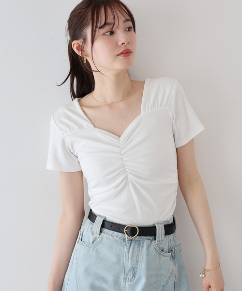 BLUEEAST（ブルーイースト） tシャツ 半袖ハートネックギャザーTシャツ