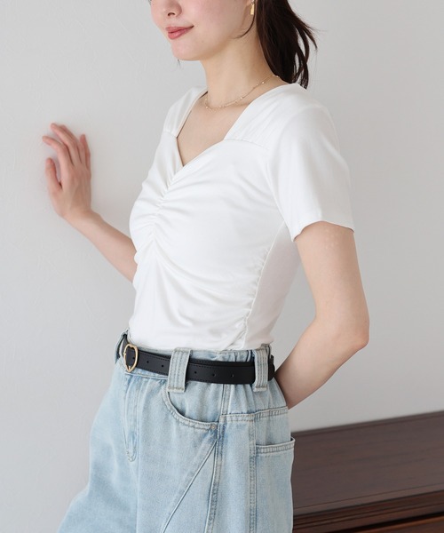 BLUEEAST tシャツ 半袖ハートネックギャザーTシャツ レディース