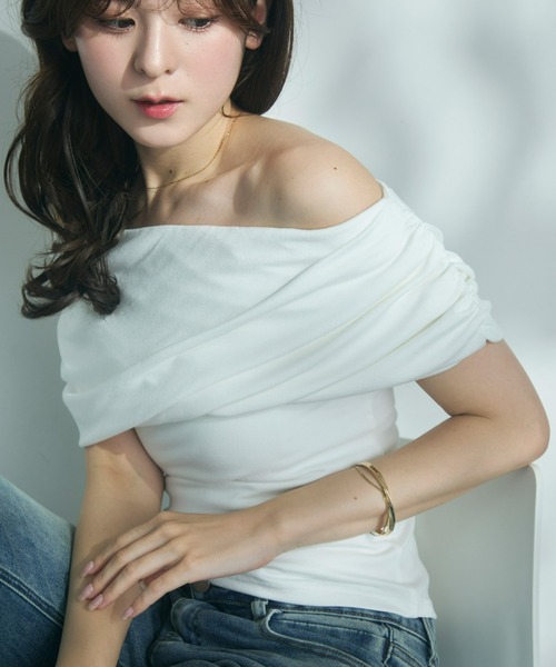 tシャツ ドレープオフショルダーカットソー レディース