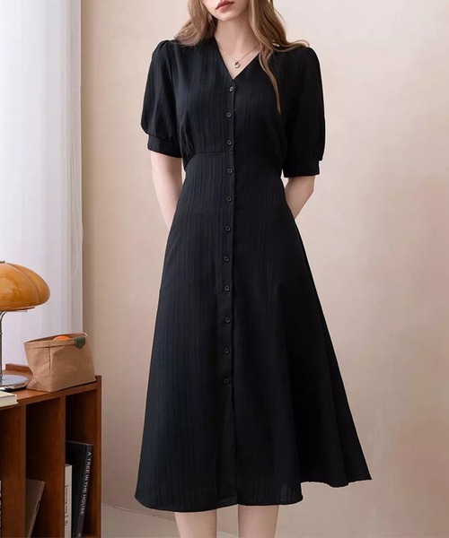 DAY CLOSET ワンピース 夏 半袖 レディース 半袖ストライプ柄Vネック