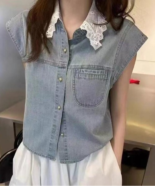 ブラウス シャツ デニム ショートスリーブ シャツ レースカラー レディース