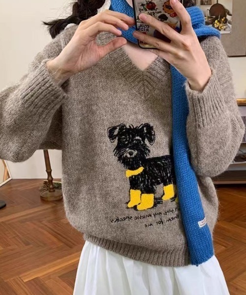 Achic（アシック） ニット セーター 犬柄ニットトップス レディース