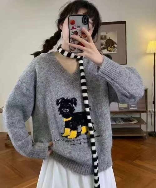 Achic（アシック） ニット セーター 犬柄ニットトップス レディース