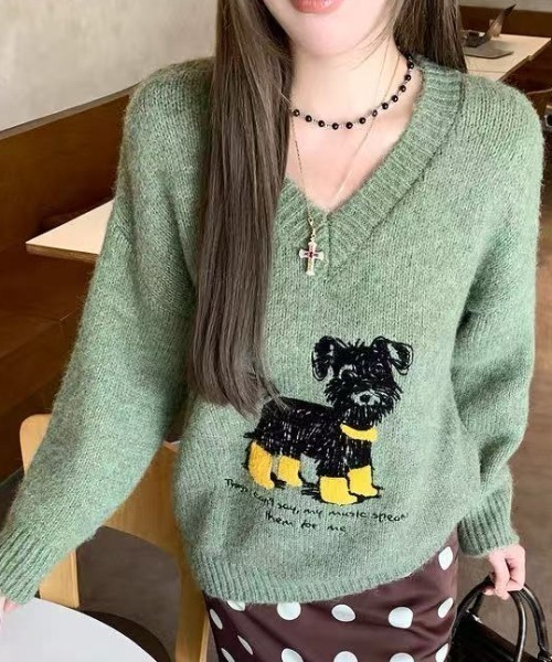 Achic（アシック） ニット セーター 犬柄ニットトップス レディース