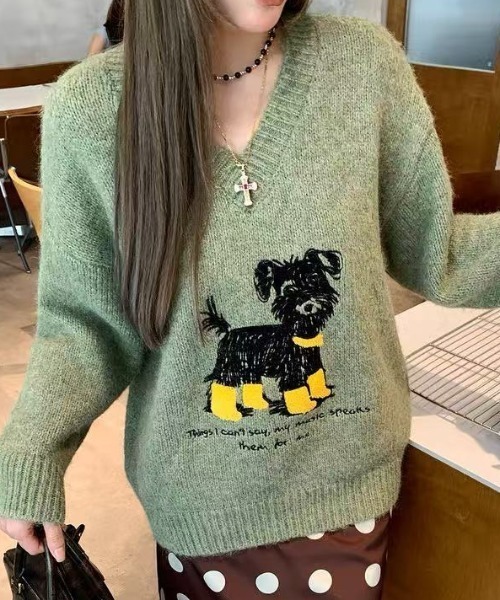 Achic（アシック） ニット セーター 犬柄ニットトップス レディース