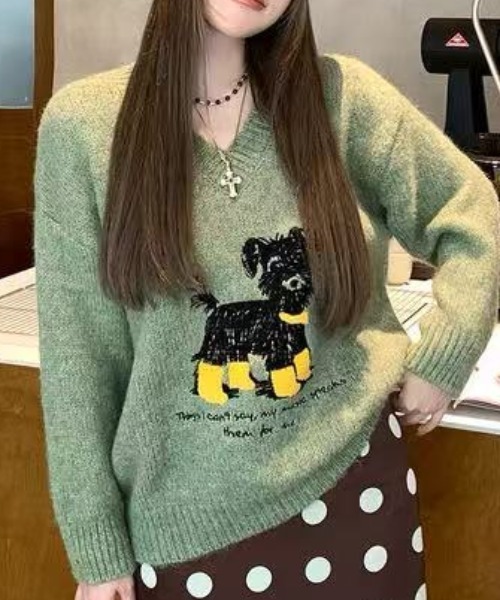 Achic（アシック） ニット セーター 犬柄ニットトップス レディース