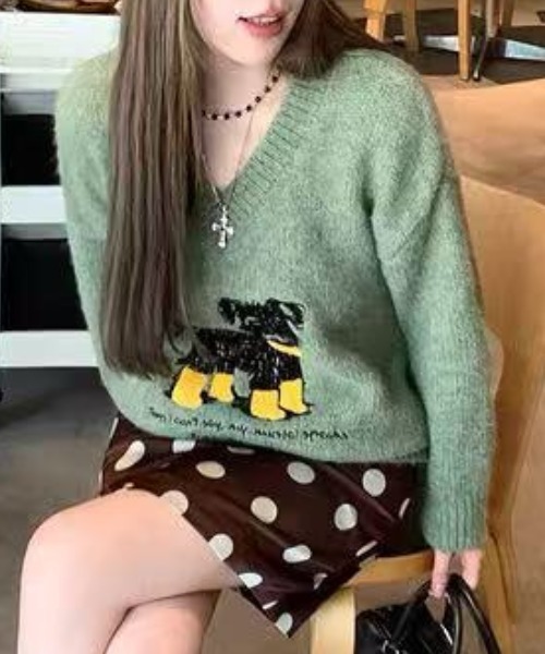 Achic（アシック） ニット セーター 犬柄ニットトップス レディース