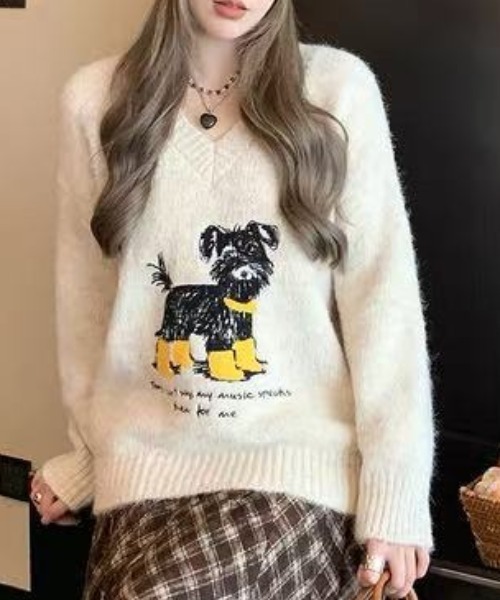 Achic（アシック） ニット セーター 犬柄ニットトップス レディース