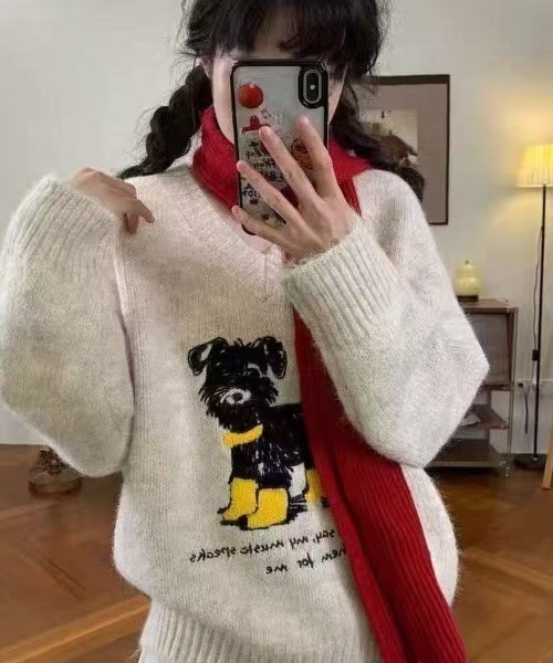 Achic（アシック） ニット セーター 犬柄ニットトップス レディース