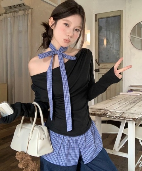 tシャツ ギンガムチェックフェイクレイヤード オフショルダーロンT＋