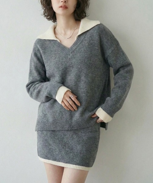 Lateru ニット セーター 配色ニット＋ミニスカート ニットセットアップ