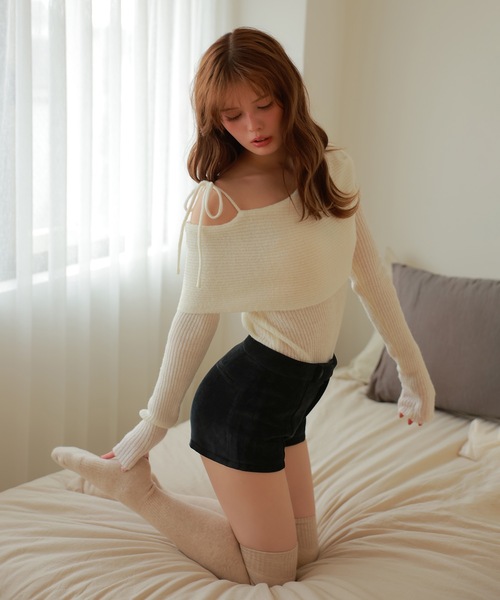 M DOLLY ニット セーター ribbon oneshoulder ruelle knit tops/リボン 