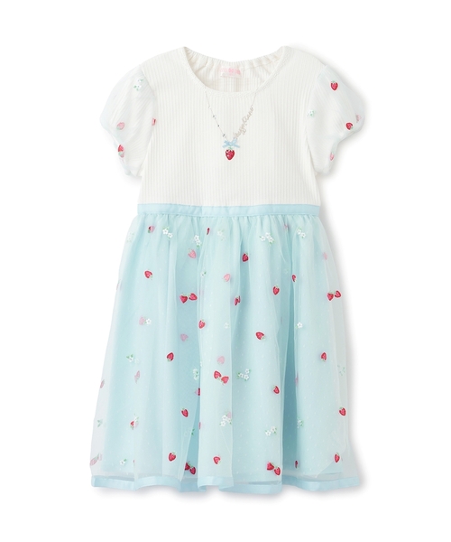 ワンピース イチゴ刺しゅうチュール　ドッキングワンピース キッズ 子供服 女の子の画像
