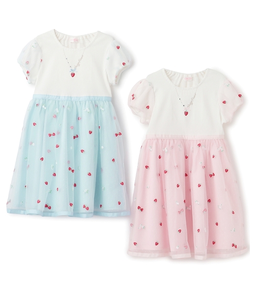 ワンピース イチゴ刺しゅうチュール　ドッキングワンピース キッズ 子供服 女の子の画像