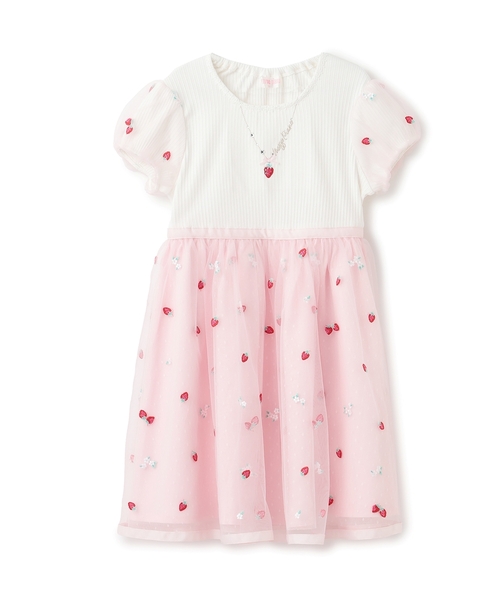 ワンピース イチゴ刺しゅうチュール　ドッキングワンピース キッズ 子供服 女の子の画像
