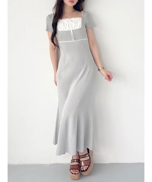 THE TOEニット ワンピース半袖 グレー MERCURYDUO（マーキュリーデュオ） ワンピース 半袖 レースレイヤード