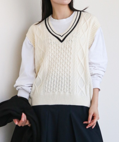gossip!ロサンゼルス ベスト ジレ ケーブルニット Vネックベスト