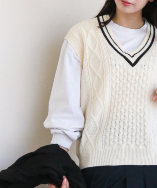 gossip!ロサンゼルス ベスト ジレ ケーブルニット Vネックベスト