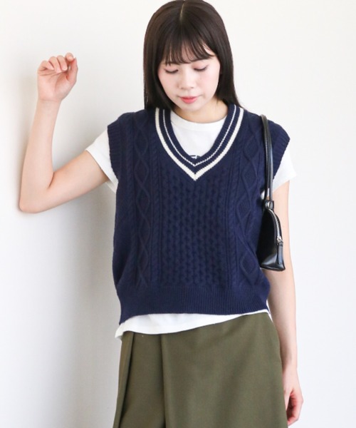 gossip!ロサンゼルス ベスト ジレ ケーブルニット Vネックベスト