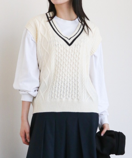 gossip!ロサンゼルス ベスト ジレ ケーブルニット Vネックベスト