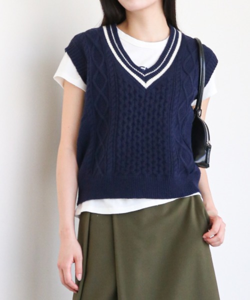 gossip!ロサンゼルス ベスト ジレ ケーブルニット Vネックベスト