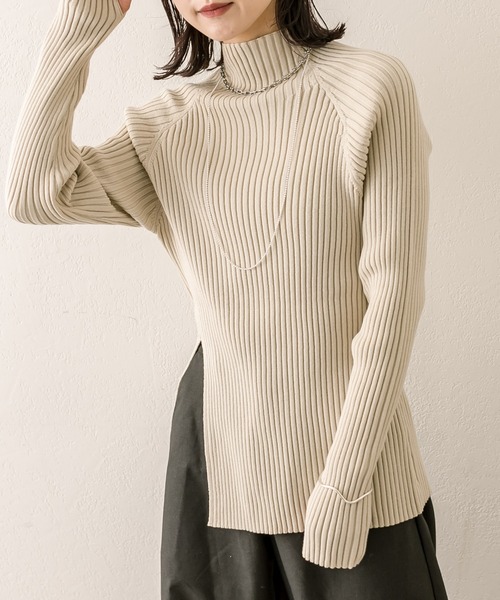 【美品】BEIGE, リブニットセーター 4 ウール混 袖口スリット mystic（ミスティック） ニット セーター サイドスリットハイネック
