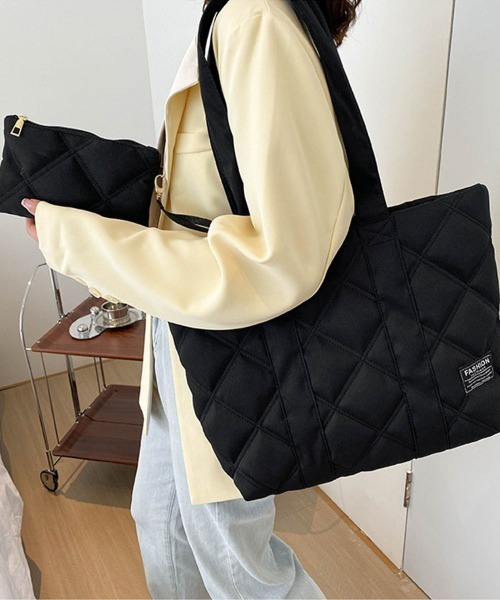 ノベルティ キルティングトートバッグ ベージュ/ブラック miniministore（ミニミニストア） トートバッグ ポーチ付き