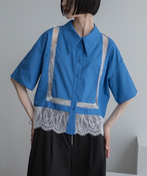 シャツ ブラウス レース切替ショートシャツ レディース