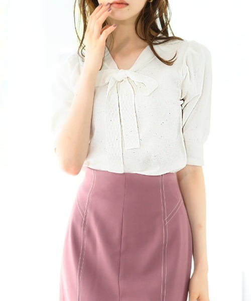 ミッシュマッシュ MISCH MASCH 【2024秋冬新作】ミニスパンコール2way5分袖ニット/MM438302 （WHITE） ミッシュマッシュ MISCH MASCH 【2024秋冬新作】ミニ