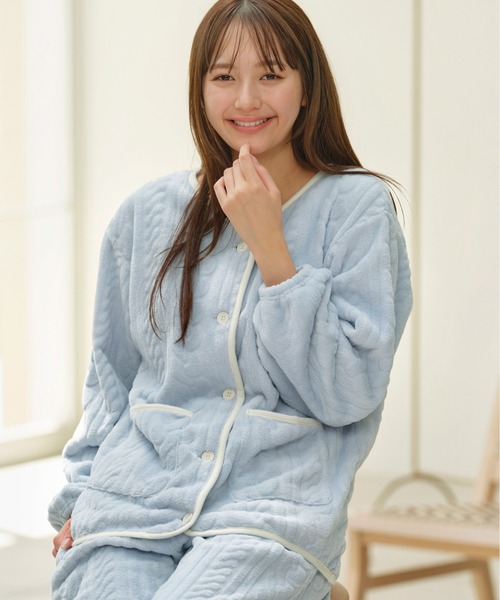 パジャマ ルームウェア ケーブルニット風もこもこカーディガンセット