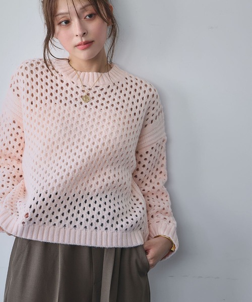 リメイク　古着　ニット　ショート丈 セール】【 7color 】ショート丈メッシュクロシェ透かし編み