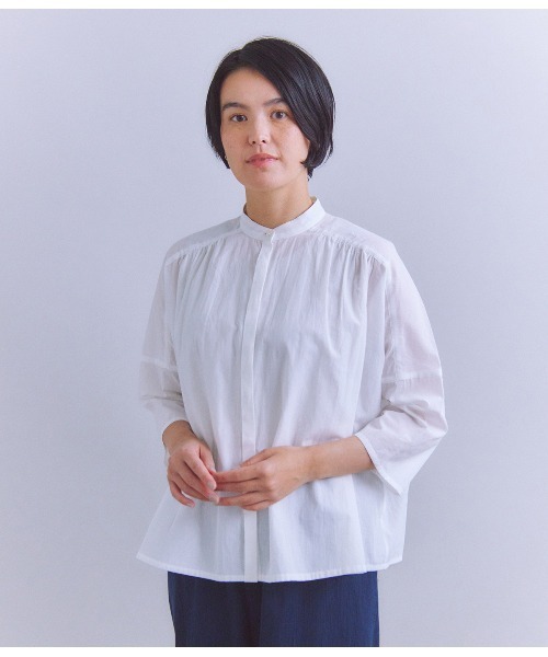 ブラウス シャツ Slab Yarn Cotton Lawn ピンタックギャザーブラウス レディース