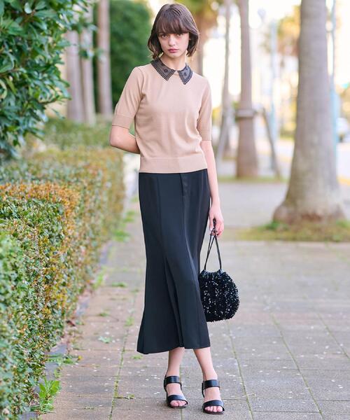 DRESSTERIOR洗えるエンブロイダリーカラーニット襟付きベージュ半袖ニット DRESSTERIOR ニット セーター 「洗える／2WAY」エンブロイダリー